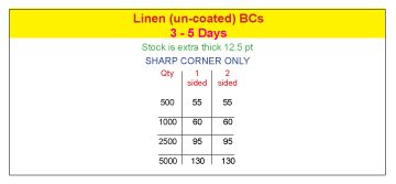 Business Cards- Price Chart