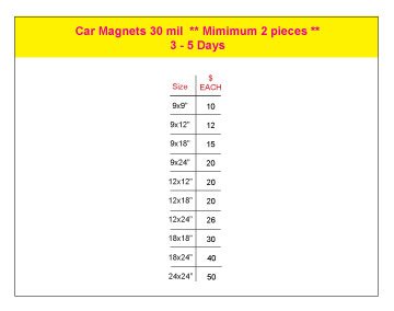 Car Magnets- Price Chart