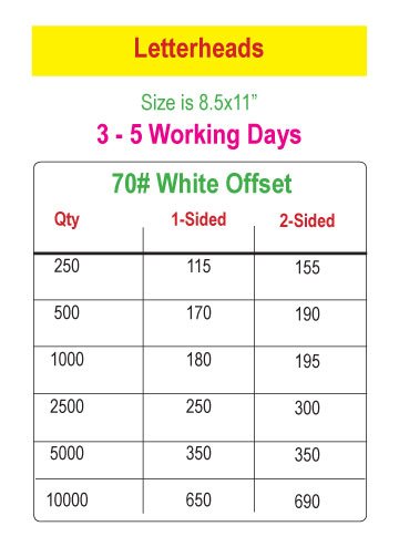 Letterheads - Price Chart