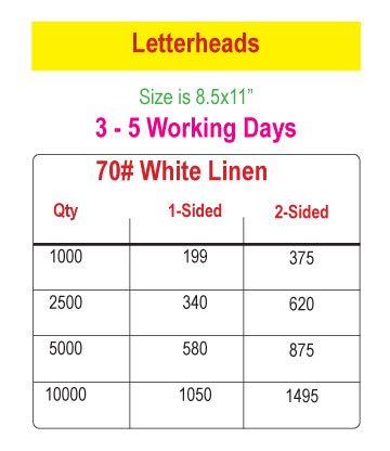 Letterheads - Price Chart